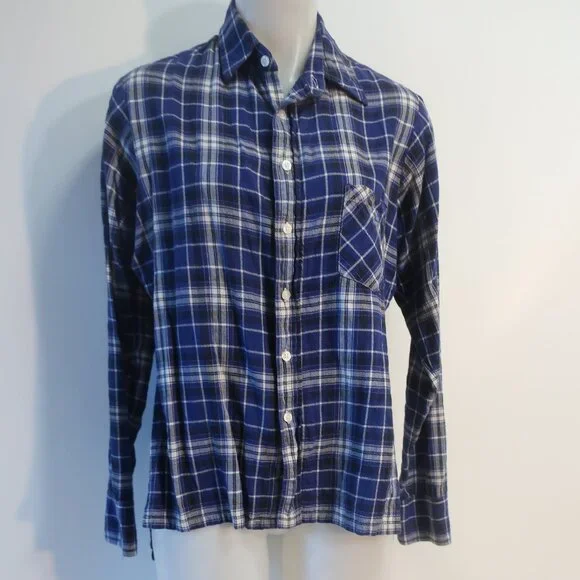 Womens R13 (Item- 89) Blue Black White Vented Side Seams Flannel Plaid M - Picture 7 of 10